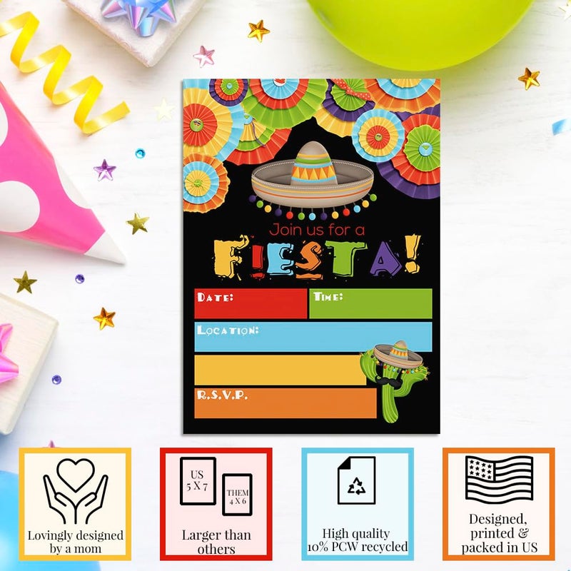 Amanda Creation Fiesta Mexican Themed Party Invitations for Birthday Celebration, Retirement, or Cinco De Mayo, 20 5x7 Fill In Cards with Twenty White Envelopes by AmandaCreation - Image 3